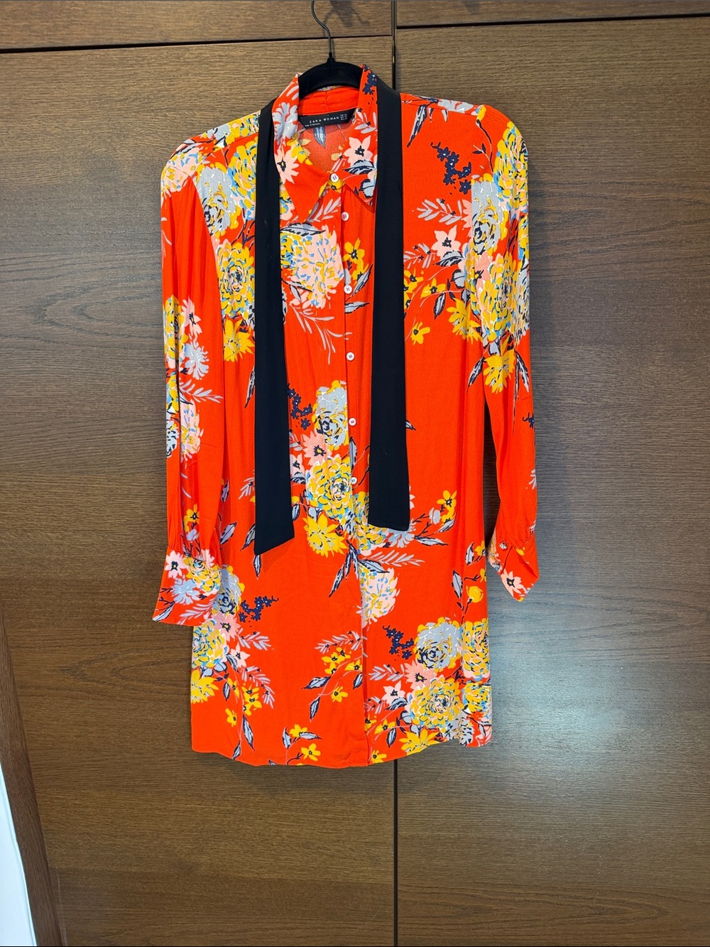 Zara Red Orange Floral Mini Shirt Dress with Black Tie
